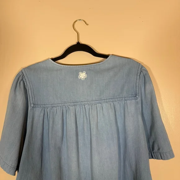 Go Softly Patio House Dress Duster MuMu 1X Floral Embroidered Chambray Denim - Picture 7 of 9